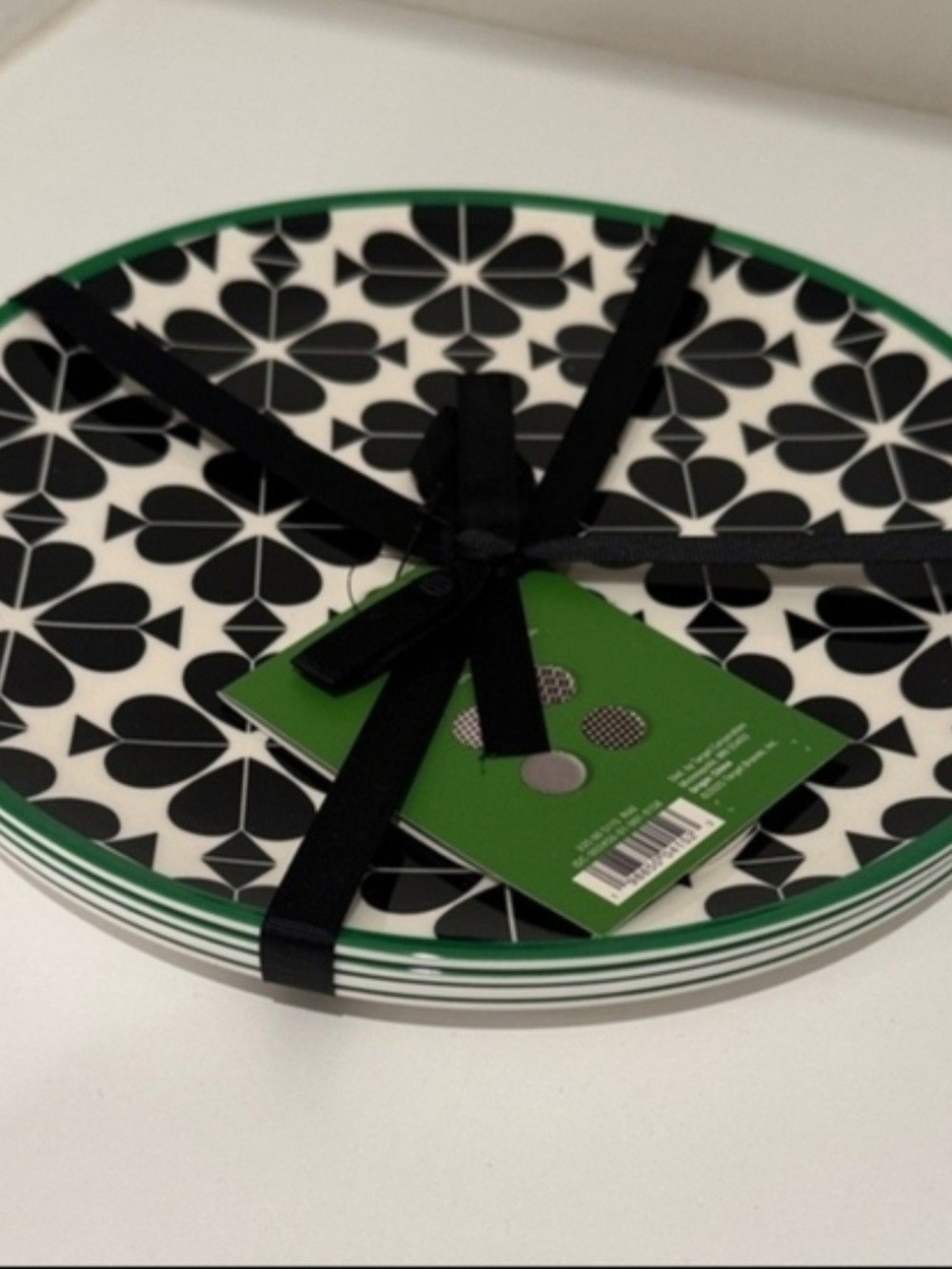 Kate Spade Set of Black & White Pattern Dinner Plates with Green Rim